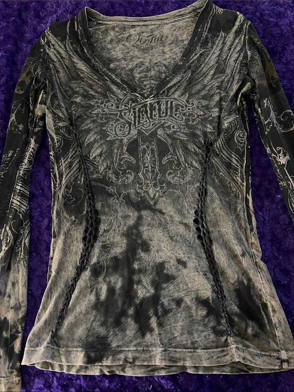 Sinful Black and Gray Distressed V-Neck Long Sleeve Graphic Top